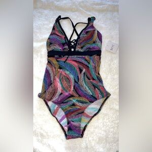 Skye Multicolor plumage Feather Print One-Piece Swimsuit Jane. Size small